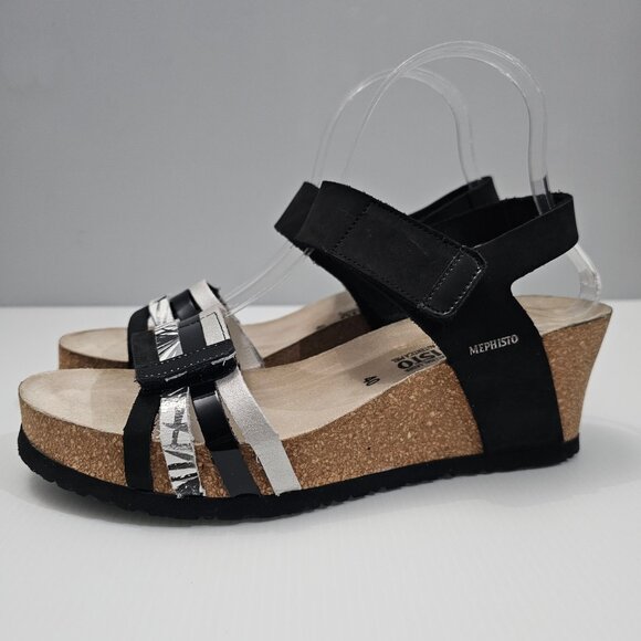 Mephisto Lucia Sandal Platform Wedge Black White Leather Cork EU Size 40 - Picture 1 of 12